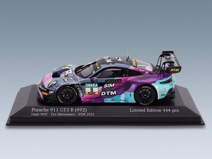 Porsche 911 992 GT3 R Toksport WRT No. 9 Tim Heinemann DTM Season 2023 Minichamps 1:43 scale model - front three-quarter view on display base