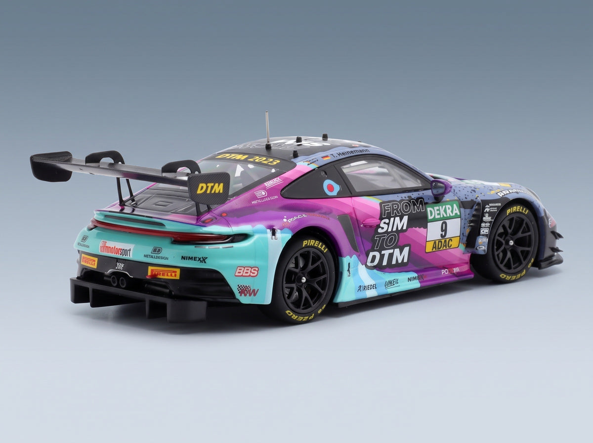 Porsche 911 992 GT3 R Toksport WRT No. 9 Tim Heinemann DTM Season 2023 Minichamps 1:43 scale model - rear three-quarter view