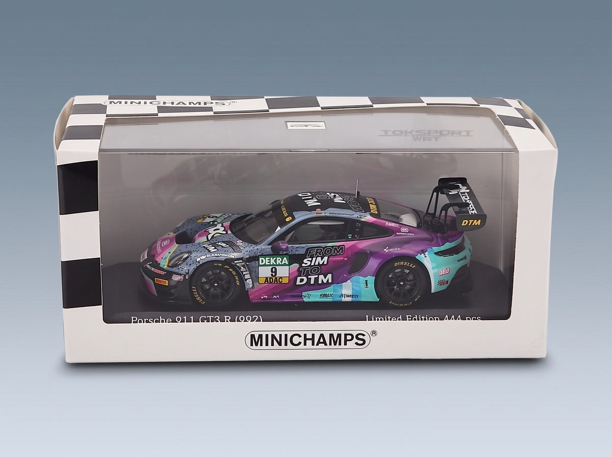 Porsche 911 992 GT3 R Toksport WRT No. 9 Tim Heinemann DTM Season 2023 Minichamps 1:43 scale model - side view in display case