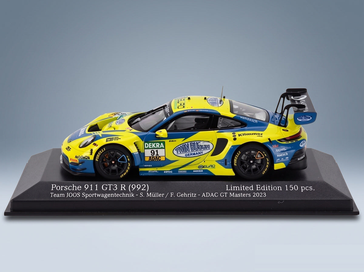 Porsche 911 992 GT3 R Team Joos by RACEmotion No. 91 Finn Gehrsitz Sven Muller ADAC GT Masters 2023 Minichamps 1:43 scale model - front three-quarter view on display base