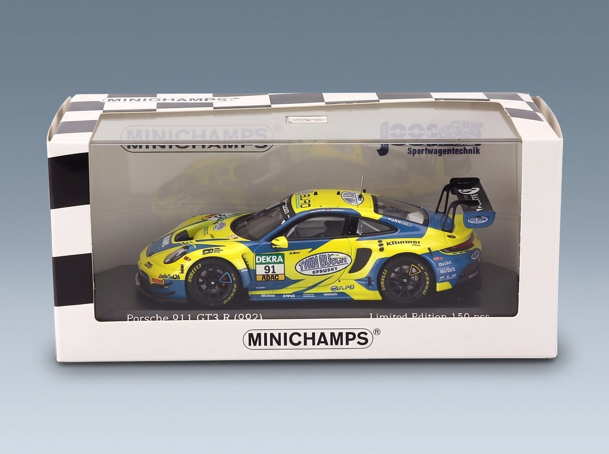 Porsche 911 992 GT3 R Team Joos by RACEmotion No. 91 Finn Gehrsitz Sven Muller ADAC GT Masters 2023 Minichamps 1:43 scale model - side view in display case