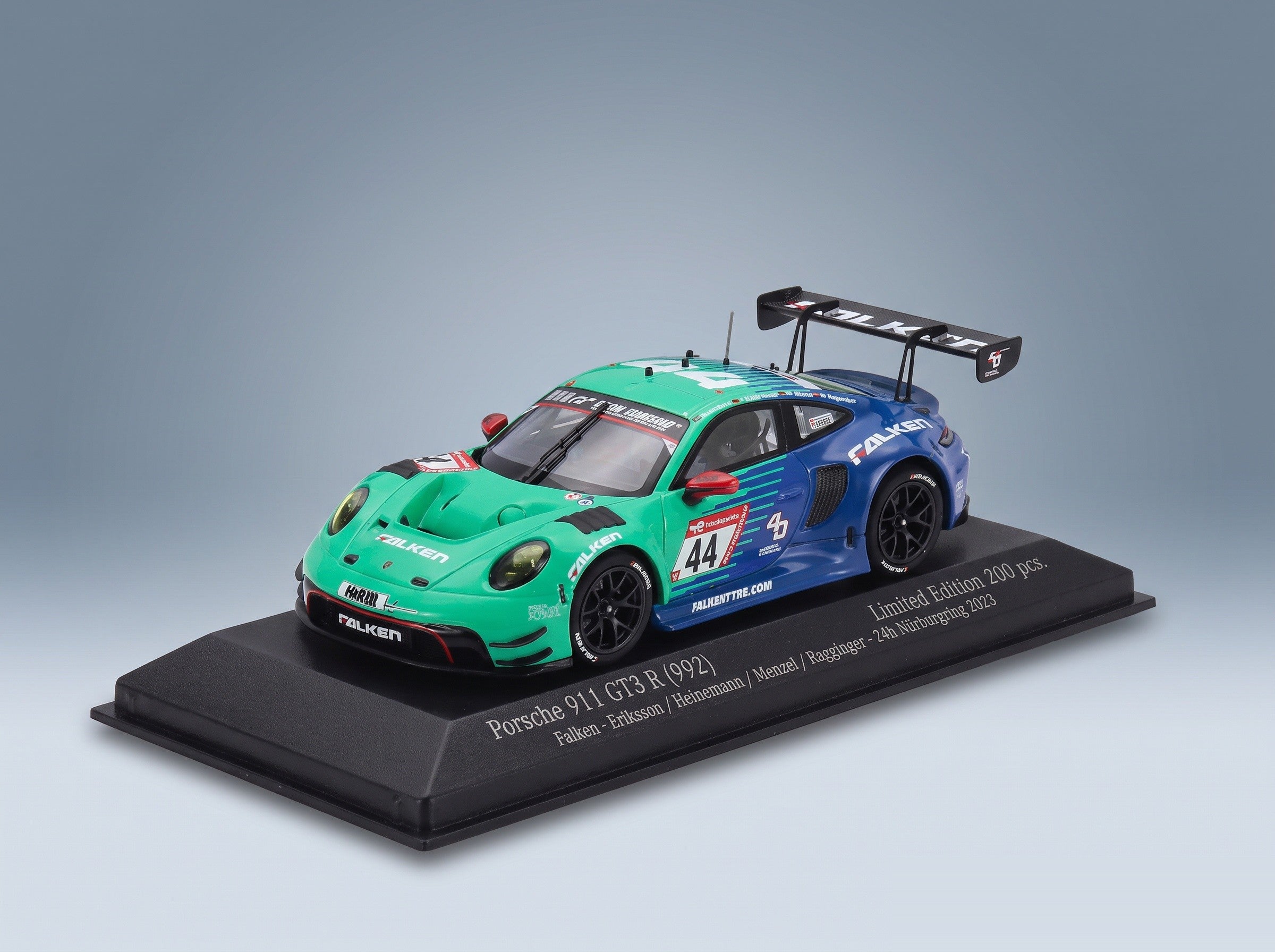Porsche 911 992 GT3 R Falken Motorsports No. 44 Joel Eriksson Tim Heinemann Nico Menzel Martin Ragginger 24h Nürburgring 2023 Minichamps 1:43 scale model - front three-quarter view