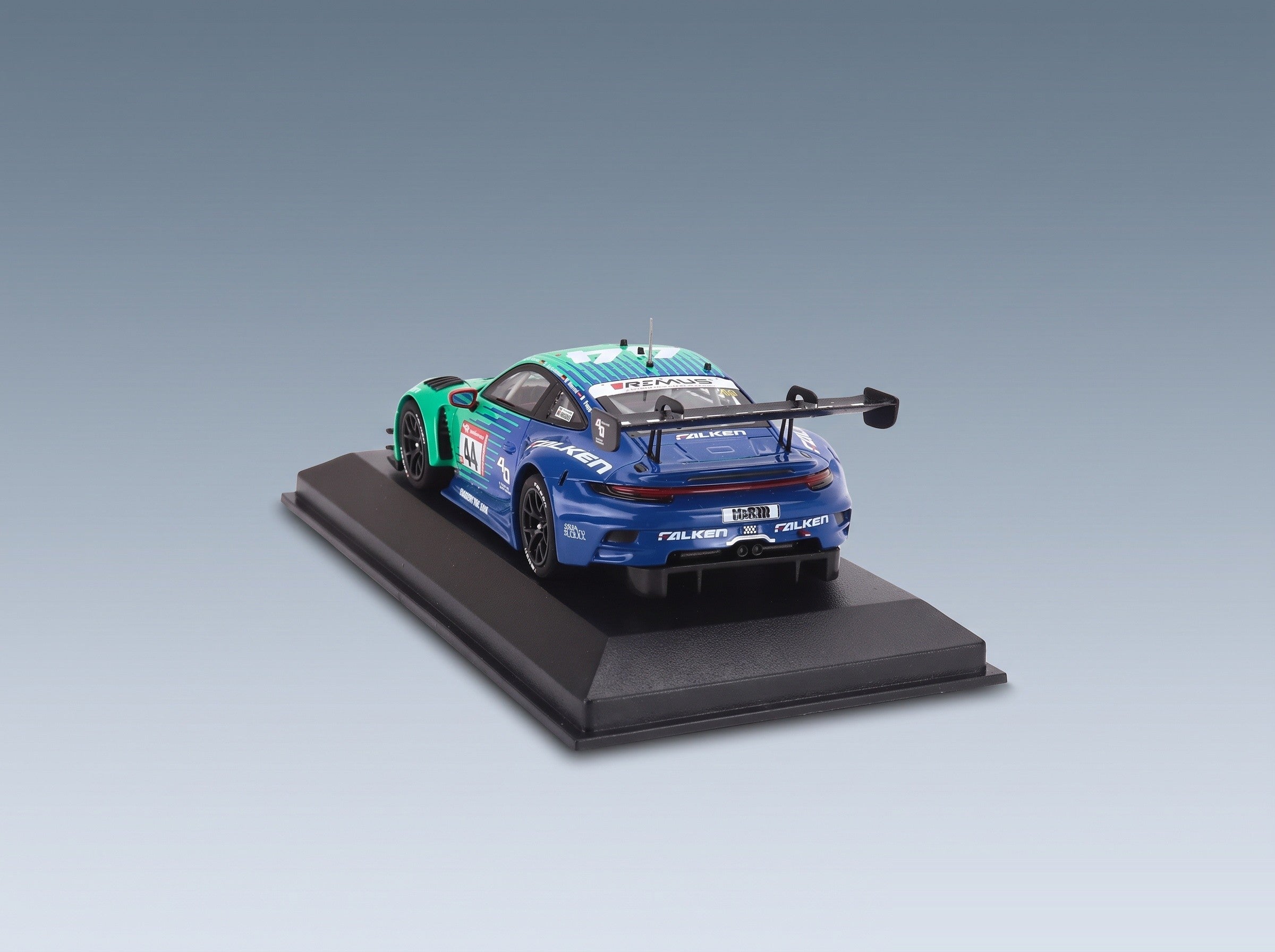 Porsche 911 992 GT3 R Falken Motorsports No. 44 Joel Eriksson Tim Heinemann Nico Menzel Martin Ragginger 24h Nürburgring 2023 Minichamps 1:43 scale model - rear three-quarter view