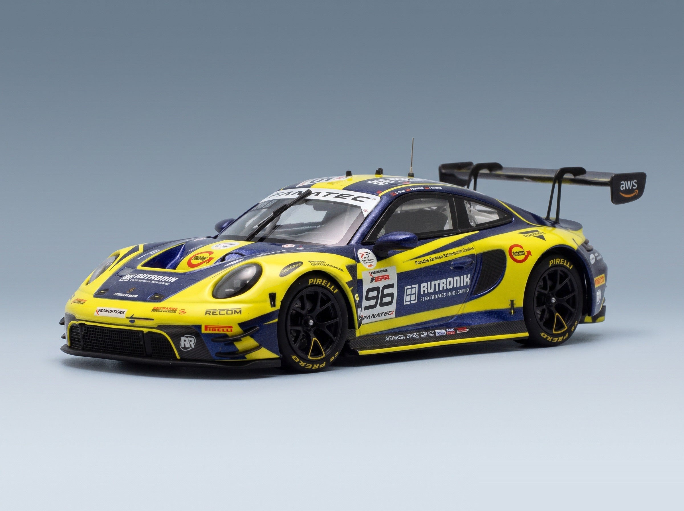 Porsche 911 992 GT3 R Rutronik Racing No. 96 5th 24h Spa 2023 Thomas Preining Laurent Heinrich Dennis Olsen Minichamps 1:43 scale model - front three-quarter view