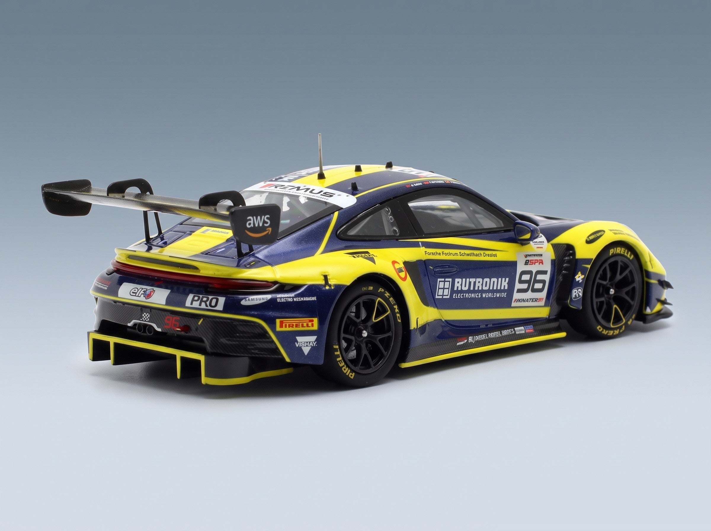 Porsche 911 992 GT3 R Rutronik Racing No. 96 5th 24h Spa 2023 Thomas Preining Laurent Heinrich Dennis Olsen Minichamps 1:43 scale model - rear three-quarter view