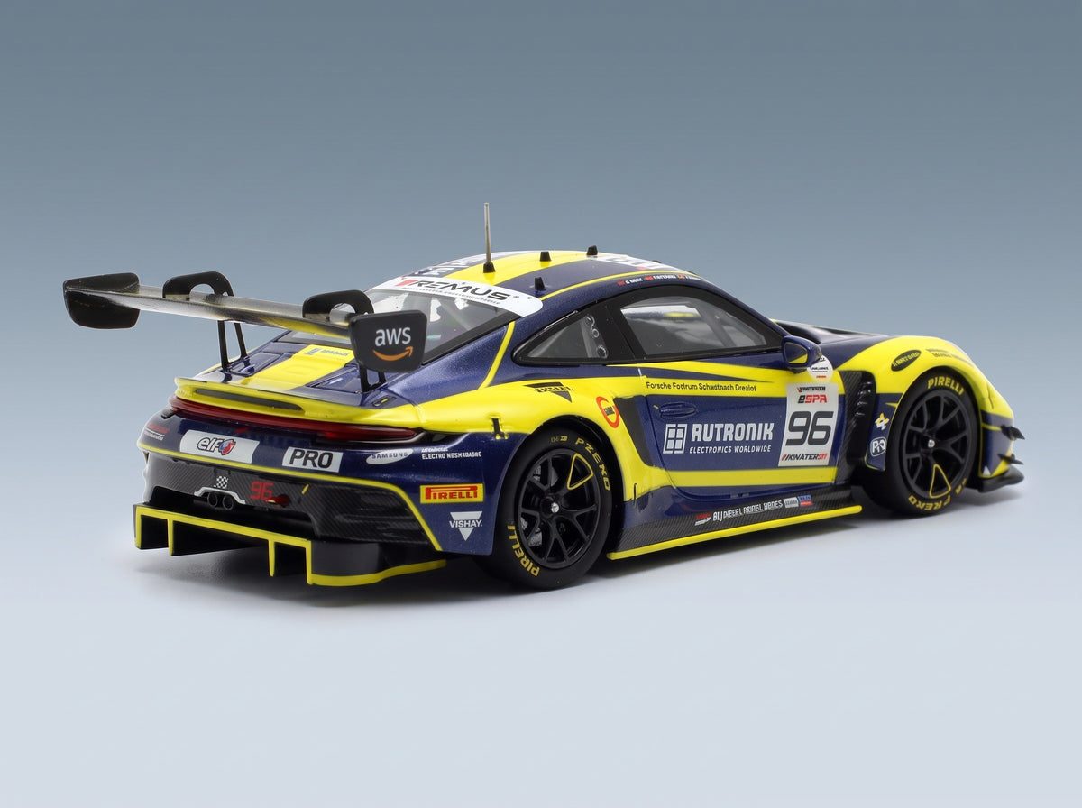 Porsche 911 992 GT3 R Rutronik Racing No. 96 5th 24h Spa 2023 Thomas Preining Laurent Heinrich Dennis Olsen Minichamps 1:43 scale model - rear three-quarter view
