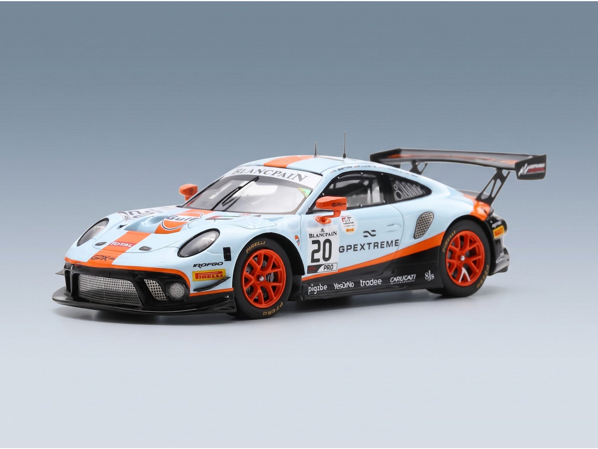 Porsche 911 991 GT3 R GPX Racing No. 20 Lietz Christensen Estre Winner 24h Spa 2019 Spark Model 1:43 scale model - front three-quarter view