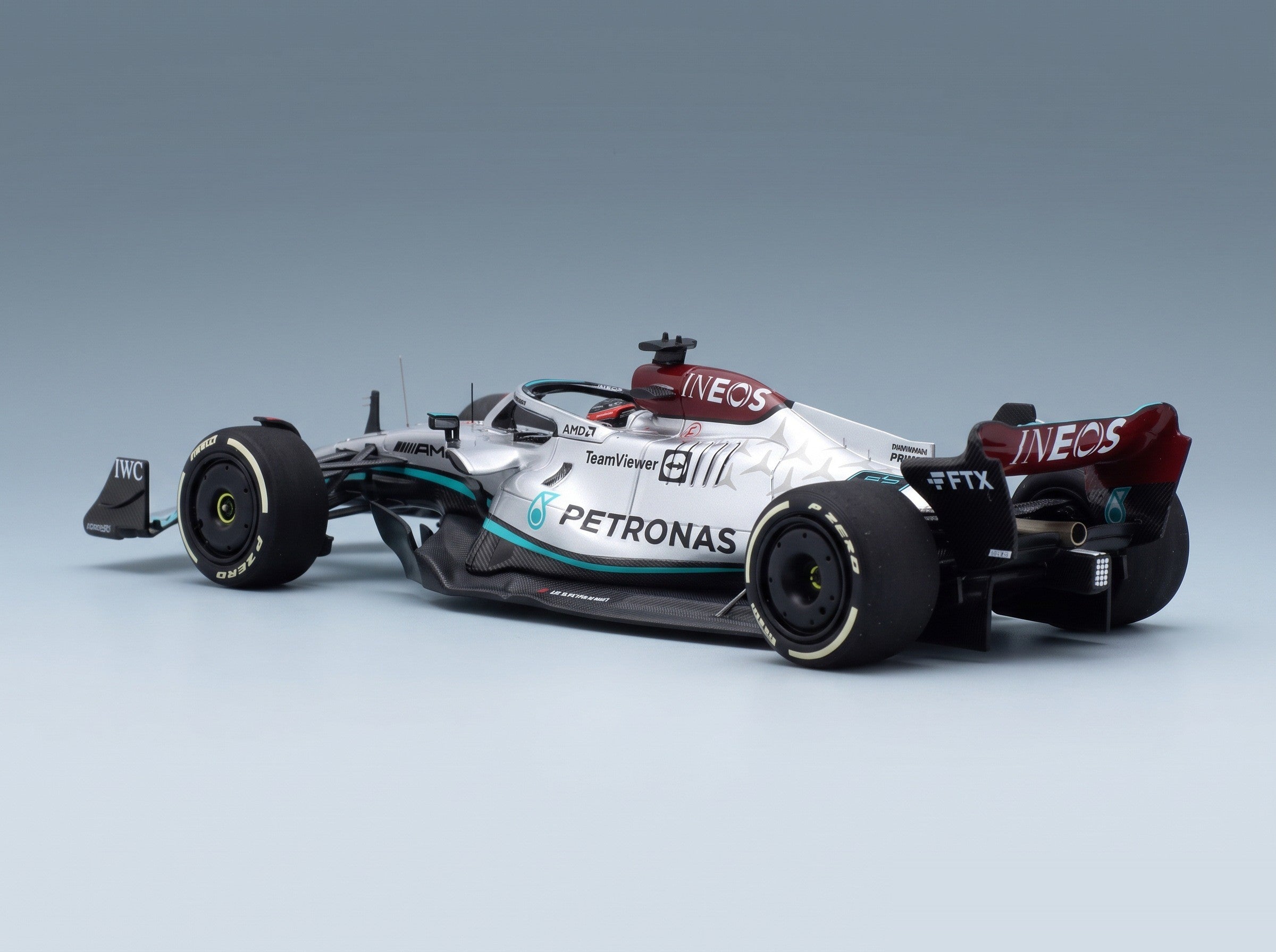 Mercedes F1 W13E Team Mercedes-AMG Petronas F1 No. 63 3rd Australian GP 2022 George Russell Minichamps 1:43 scale model - front three-quarter view, top down