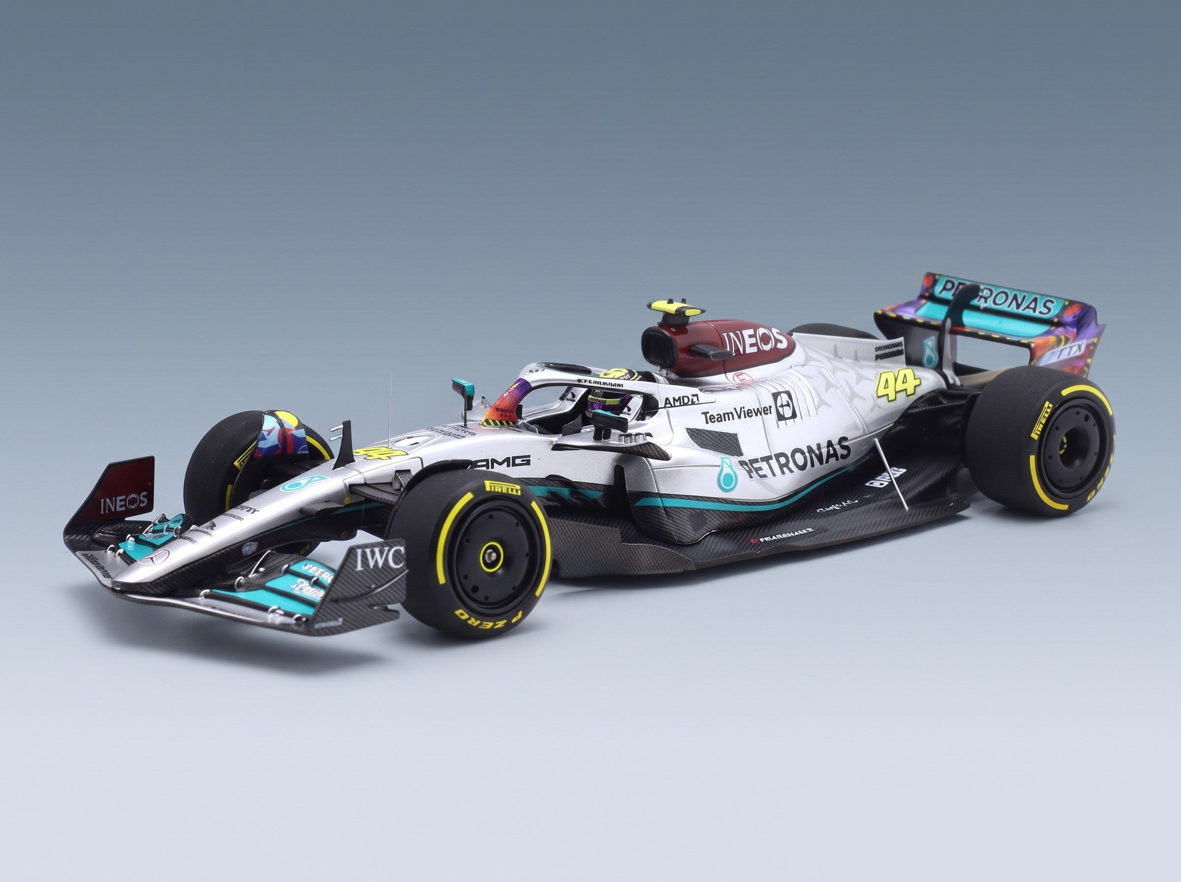 Mercedes W13E Mercedes-AMG Petronas F1 No. 44 Lewis Hamilton 6th Miami GP 2022 Minichamps 1:43 scale model - front three-quarter view