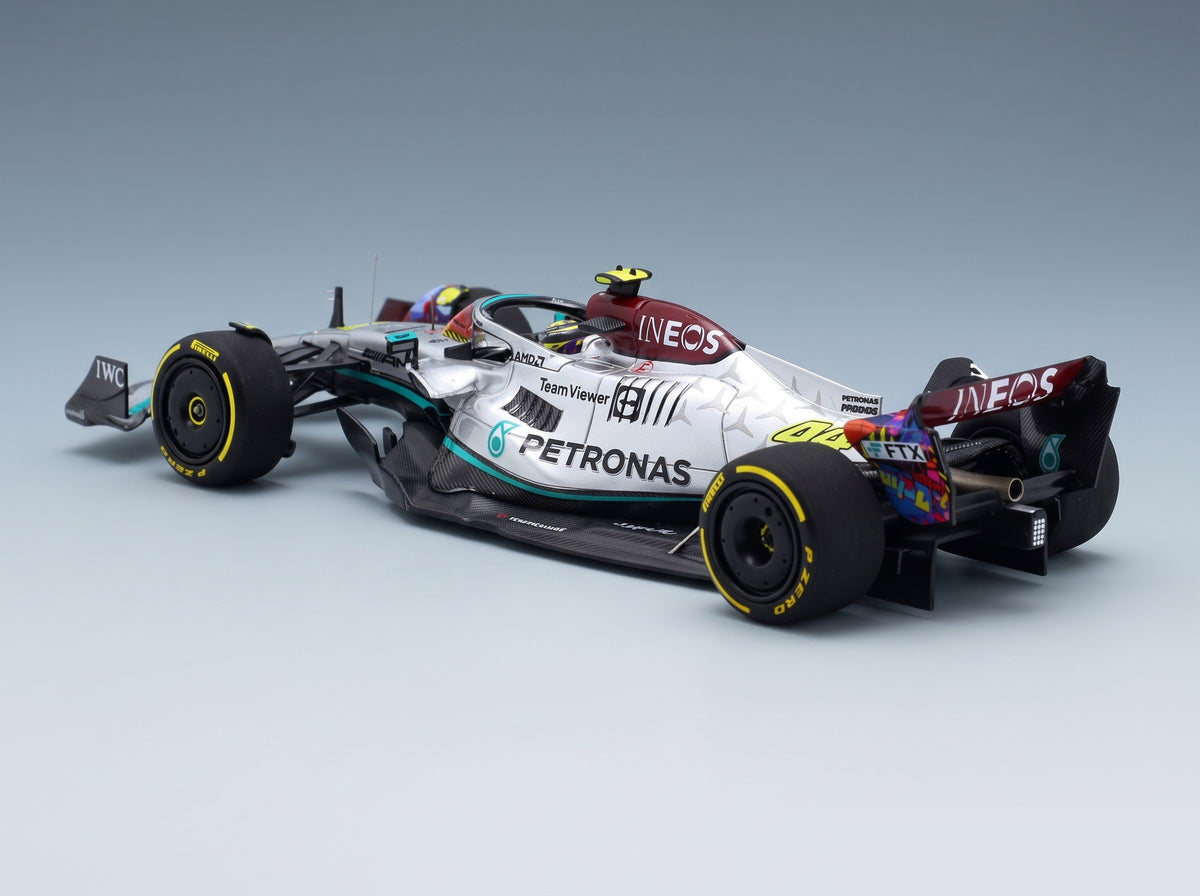 Mercedes W13E Mercedes-AMG Petronas F1 No. 44 Lewis Hamilton 6th Miami GP 2022 Minichamps 1:43 scale model - front three-quarter view, top down
