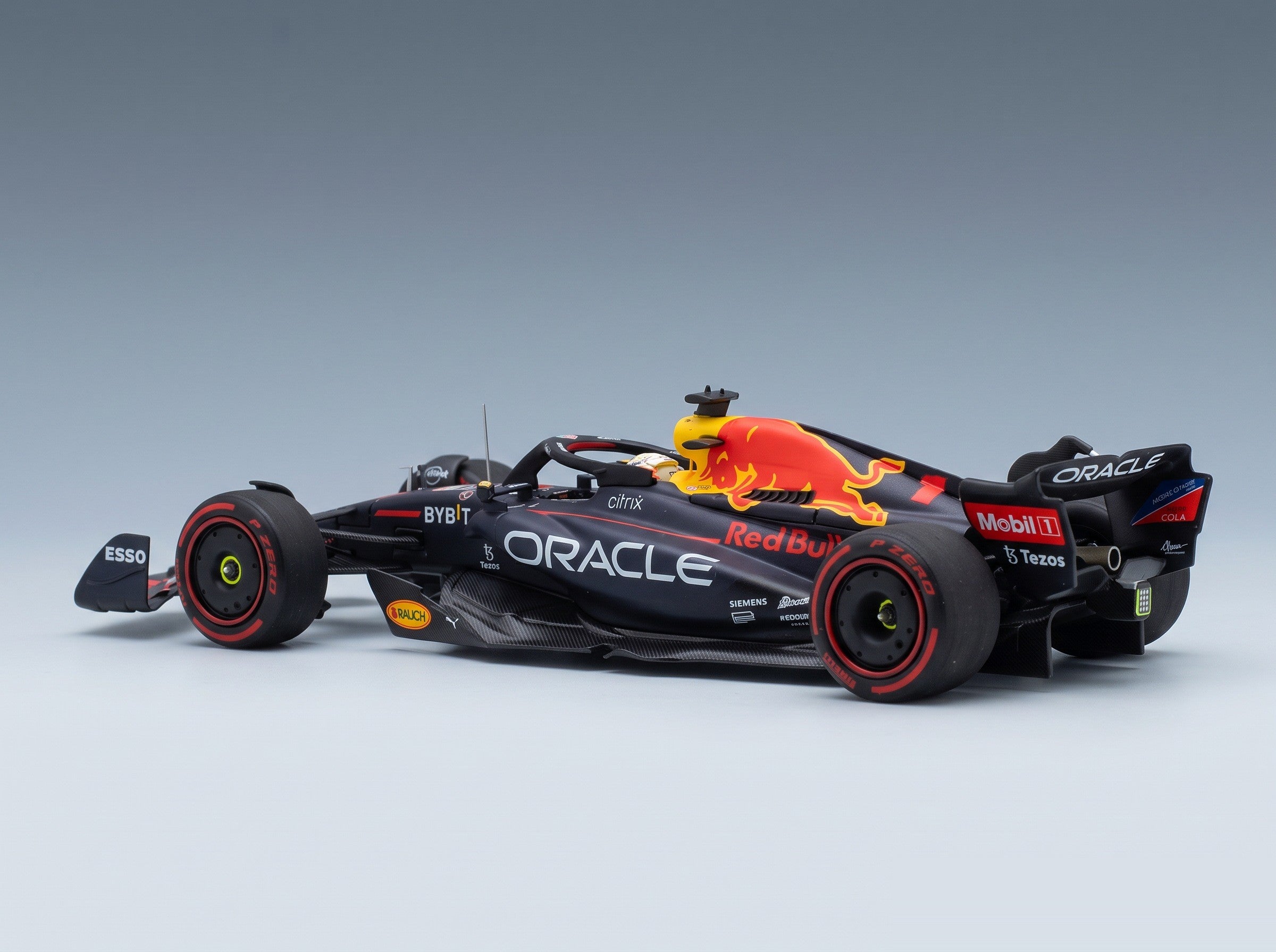 Red Bull RB18 Oracle Red Bull Racing No. 1 Max Verstappen Winner Hungarian GP World Champion 2022 Minichamps 1:43 scale model - front three-quarter view, top down