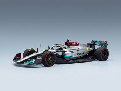 Mercedes F1 W13E Team Mercedes-AMG Petronas F1 No. 44 Lewis Hamilton 2nd Hungarian GP 2022 Minichamps 1:43 scale model - front three-quarter view