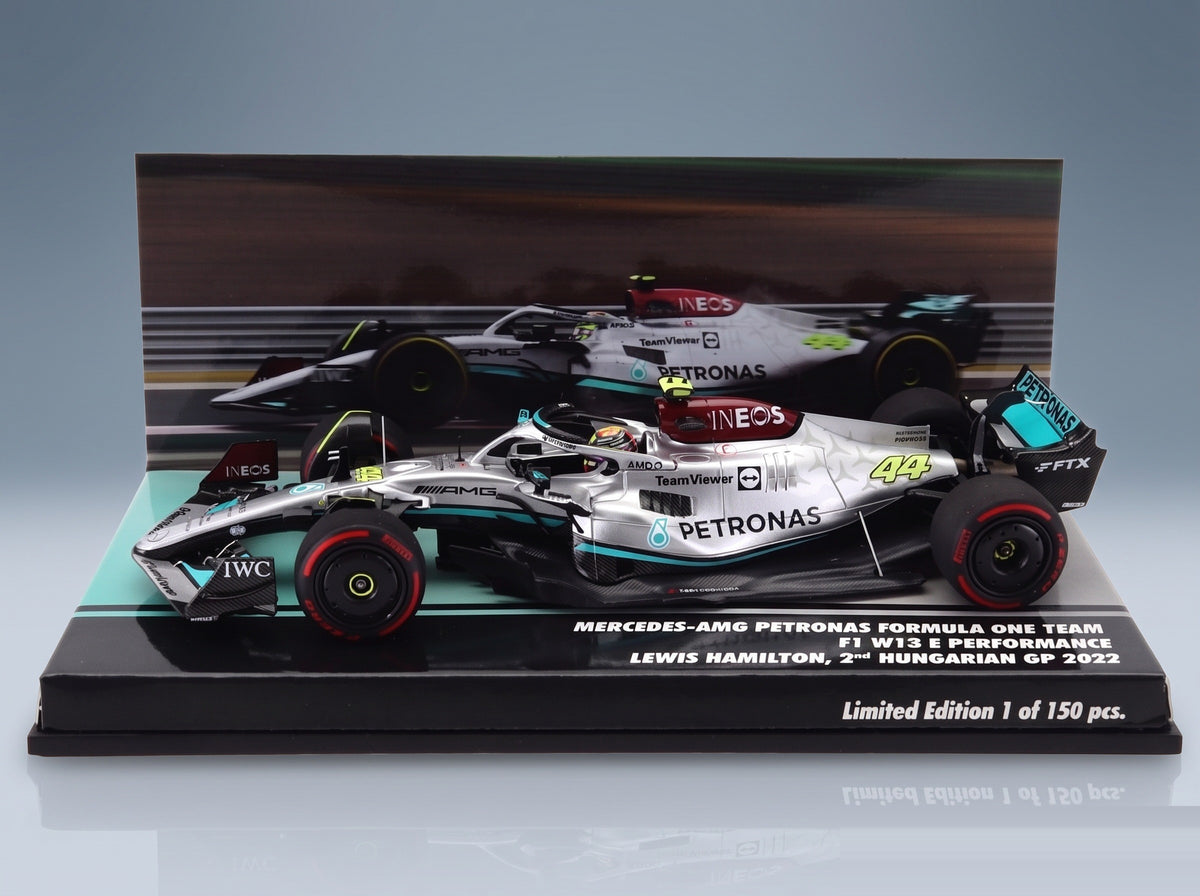 Mercedes F1 W13E Team Mercedes-AMG Petronas F1 No. 44 Lewis Hamilton 2nd Hungarian GP 2022 Minichamps 1:43 scale model - original packaging