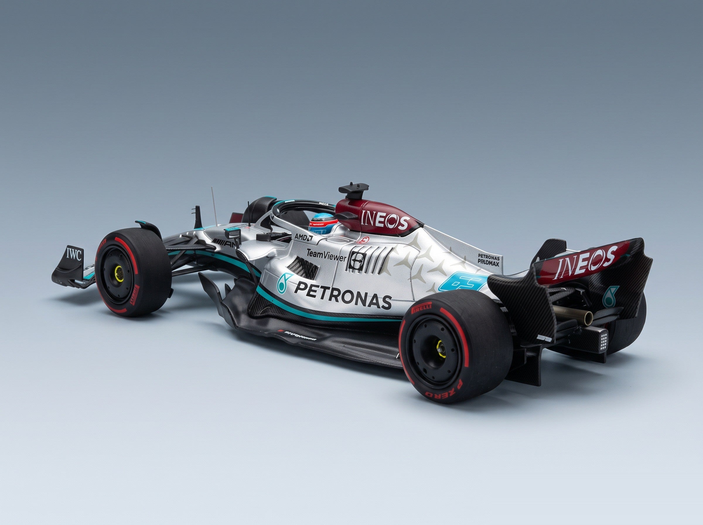 Mercedes F1 W13E Mercedes-AMG Petronas F1 No. 63 George Russell Winner Brazilian GP 2022 Minichamps 1:43 scale model - front three-quarter view, top down