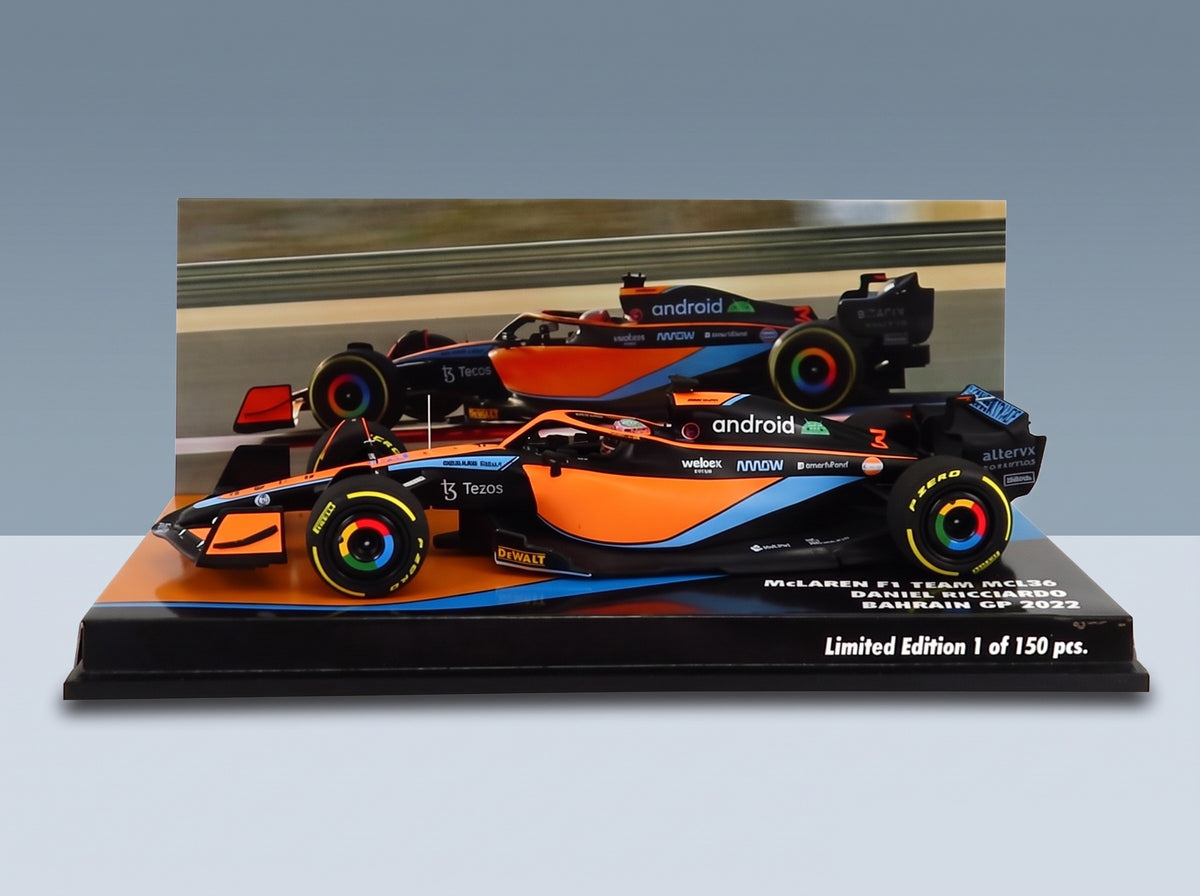 McLaren MCL36 Team McLaren No. 3 Daniel Ricciardo Bahrain GP 2022 Minichamps 1:43 scale model - side view