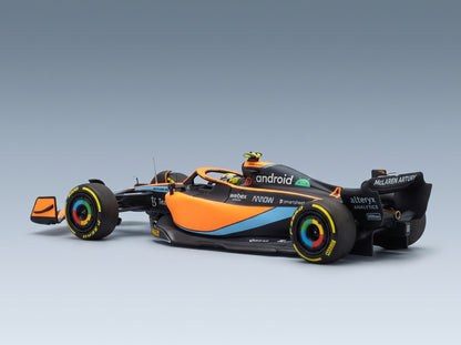 McLaren MCL36 Team McLaren No. 4 Lando Norris Bahrain GP 2022 Minichamps 1:43 scale model - front three-quarter view, top down