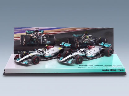 Mercedes W13E Set 2x Mercedes-AMG Petronas F1 No. 44 3rd Bahrain GP Lewis Hamilton No. 63 4th Bahrain GP George Russell 2022 Minichamps 1:43 scale model - original packaging