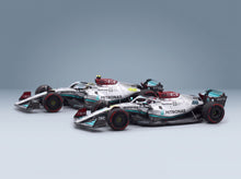 Mercedes W13E Set 2x Mercedes-AMG Petronas F1 No. 44 3rd Bahrain GP Lewis Hamilton No. 63 4th Bahrain GP George Russell 2022 Minichamps 1:43 scale model - rear three-quarter view