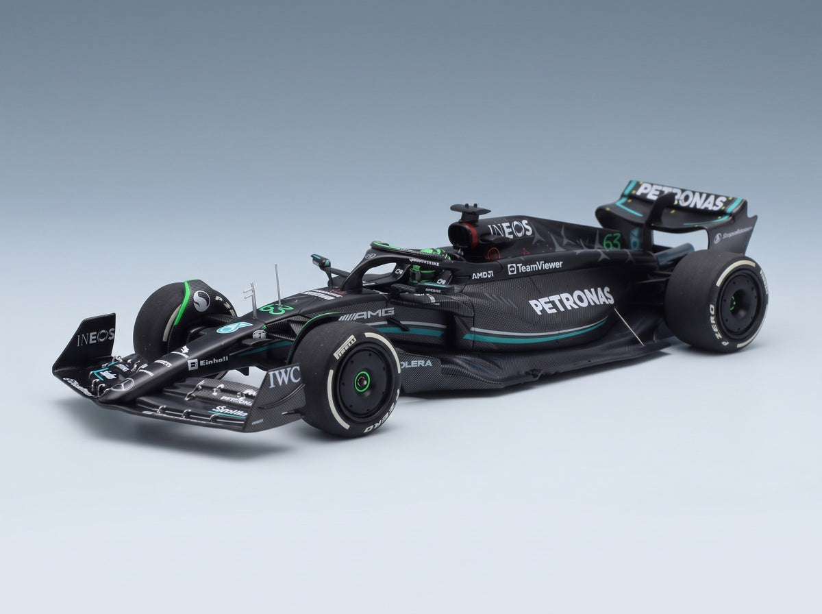 Mercedes F1 W14 Mercedes-AMG Petronas Formula One No. 63 George Russell 7th Bahrain GP 2023 Minichamps 1:43 scale model - front three-quarter view