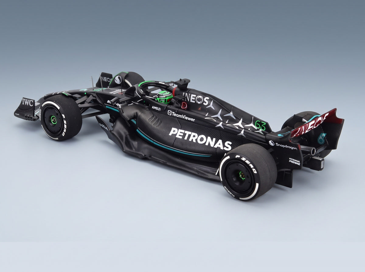 Mercedes F1 W14 Mercedes-AMG Petronas Formula One No. 63 George Russell 7th Bahrain GP 2023 Minichamps 1:43 scale model - front three-quarter view, top down