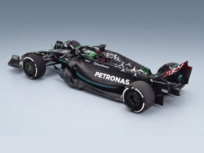 Mercedes F1 W14 Mercedes-AMG Petronas Formula One No. 63 George Russell 7th Bahrain GP 2023 Minichamps 1:43 scale model - front three-quarter view, top down