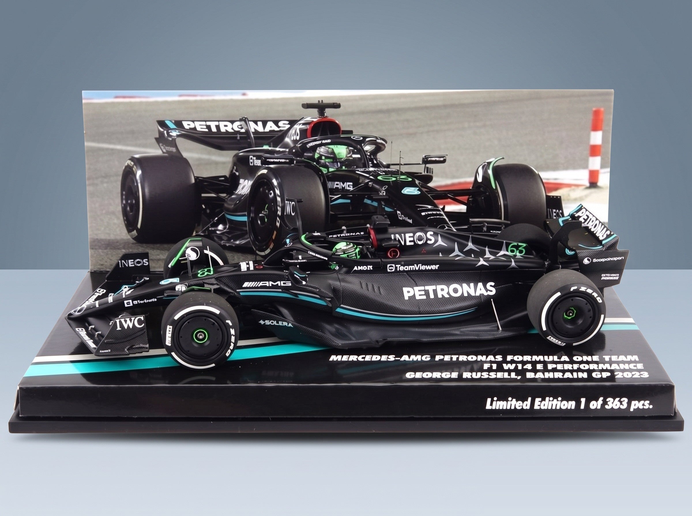 Mercedes F1 W14 Mercedes-AMG Petronas Formula One No. 63 George Russell 7th Bahrain GP 2023 Minichamps 1:43 scale model - original packaging