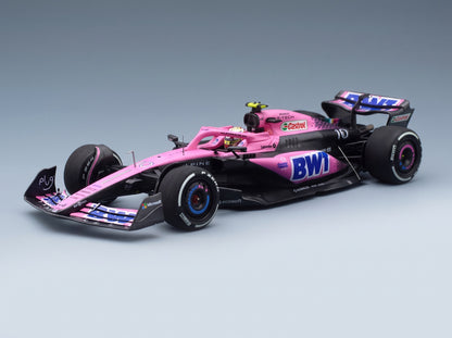 Alpine A523 BWT Alpine F1 Team No. 10 Pierre Gasly 9th Bahrain GP 2023 + No. 10 8th Miami GP 2023 Set 2x Minichamps 1:43 scale model - front three-quarter view
