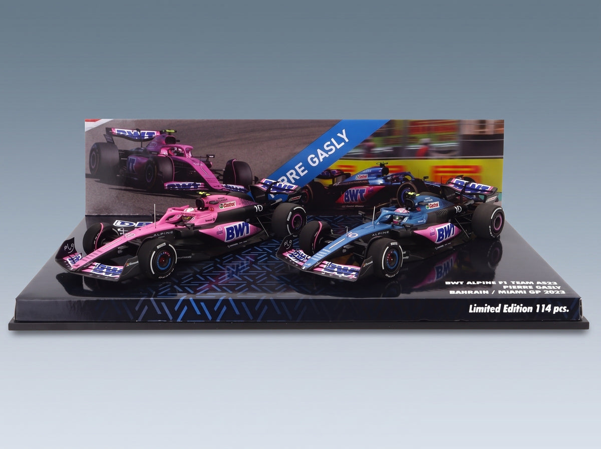 Alpine A523 BWT Alpine F1 Team No. 10 Pierre Gasly 9th Bahrain GP 2023 + No. 10 8th Miami GP 2023 Set 2x Minichamps 1:43 scale model - original packaging