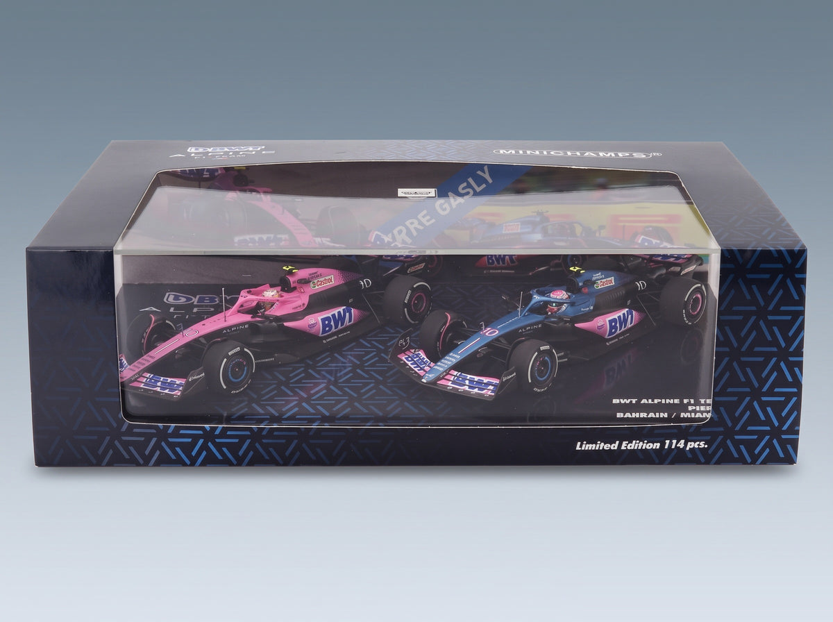 Alpine A523 BWT Alpine F1 Team No. 10 Pierre Gasly 9th Bahrain GP 2023 + No. 10 8th Miami GP 2023 Set 2x Minichamps 1:43 scale model - side view in display case