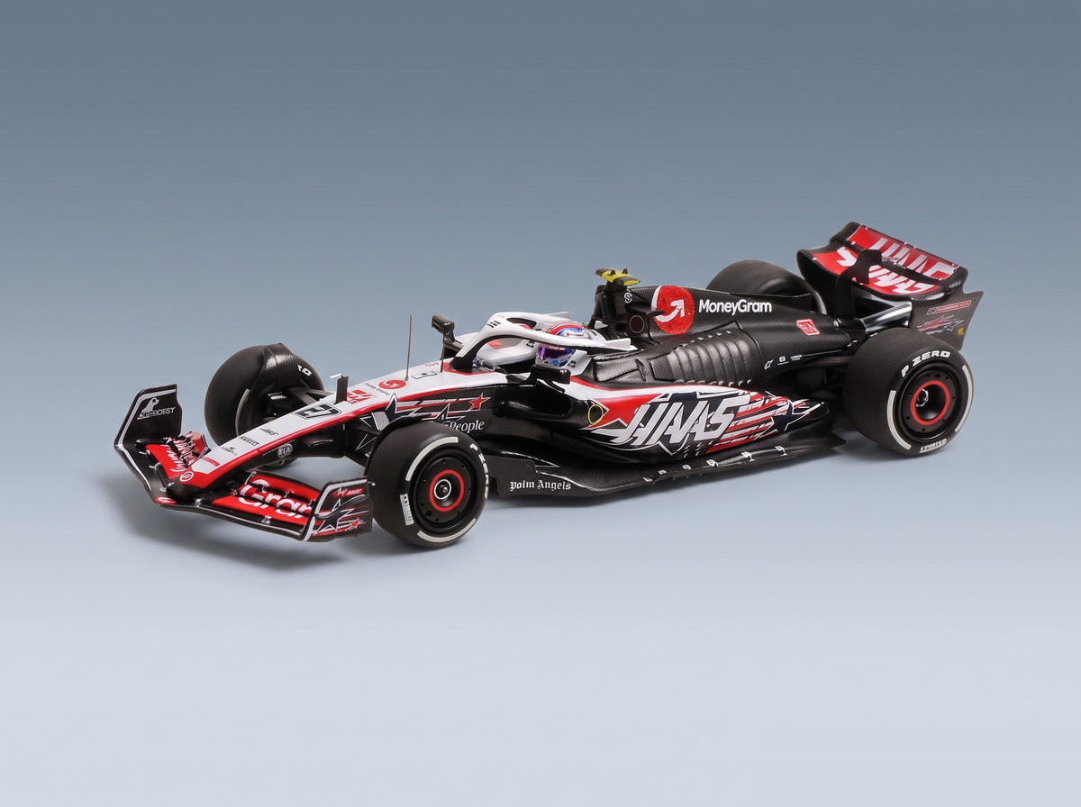 Haas F1 VF-23 Moneygram Haas No. 27 Nico Hulkenberg Austin USA GP 2023 Minichamps 1:43 scale model - front three-quarter view