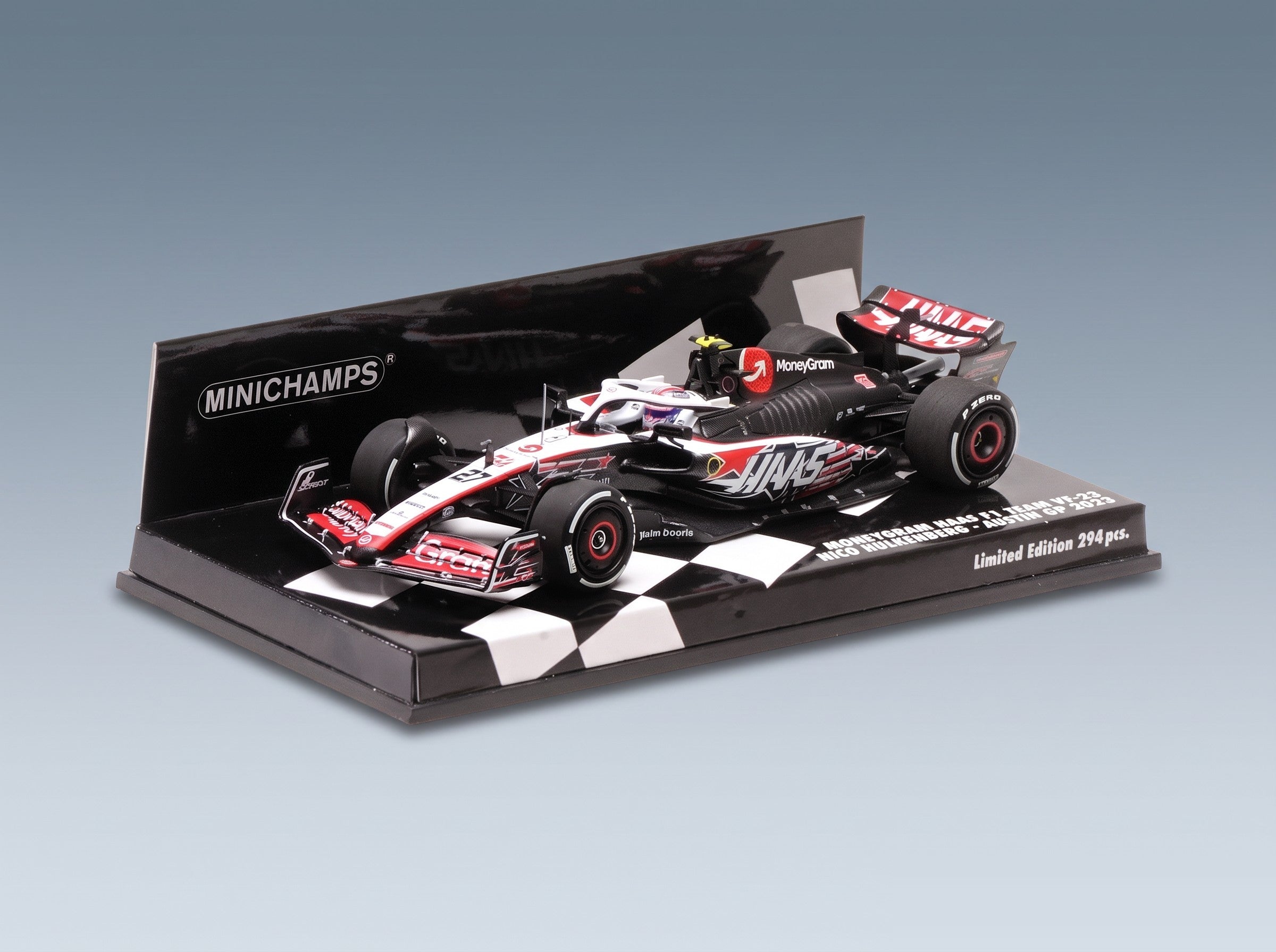 Haas F1 VF-23 Moneygram Haas No. 27 Nico Hulkenberg Austin USA GP 2023 Minichamps 1:43 scale model - original packaging