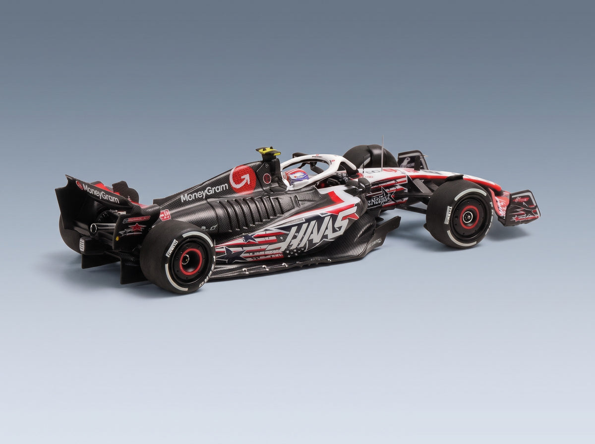 Haas F1 VF-23 Moneygram Haas No. 27 Nico Hulkenberg Austin USA GP 2023 Minichamps 1:43 scale model - rear three-quarter view