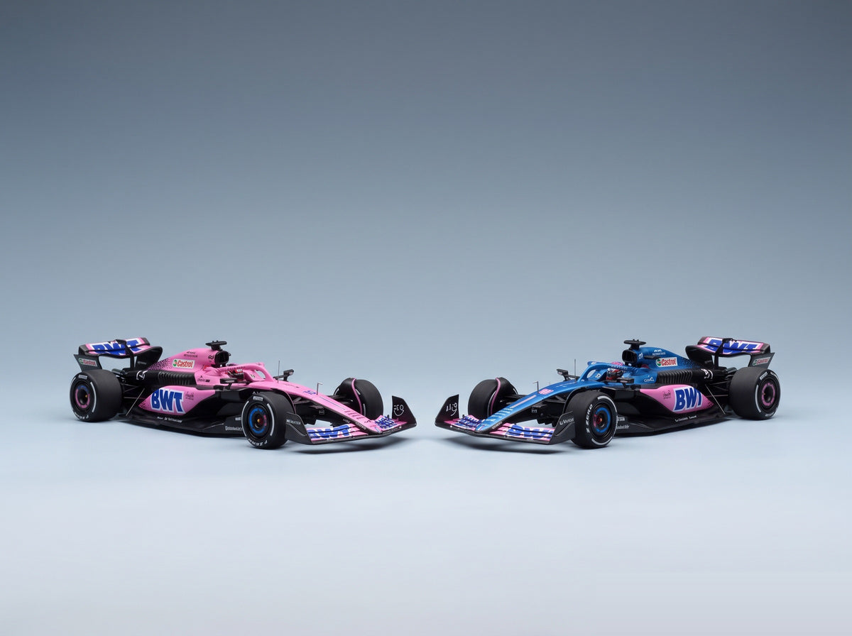 Alpine A523 BWT Alpine F1 Team No. 31 Esteban Ocon 8th Miami GP 2023 + No. 31 Bahrain GP 2023 Minichamps 1:43 scale model - front three-quarter view