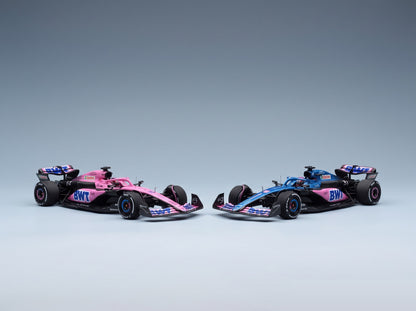 Alpine A523 BWT Alpine F1 Team No. 31 Esteban Ocon 8th Miami GP 2023 + No. 31 Bahrain GP 2023 Minichamps 1:43 scale model - front three-quarter view
