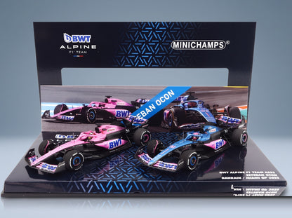 Alpine A523 BWT Alpine F1 Team No. 31 Esteban Ocon 8th Miami GP 2023 + No. 31 Bahrain GP 2023 Minichamps 1:43 scale model - original packaging