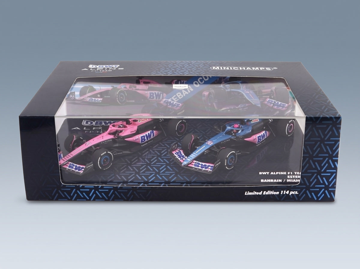 Alpine A523 BWT Alpine F1 Team No. 31 Esteban Ocon 8th Miami GP 2023 + No. 31 Bahrain GP 2023 Minichamps 1:43 scale model - side view in display case