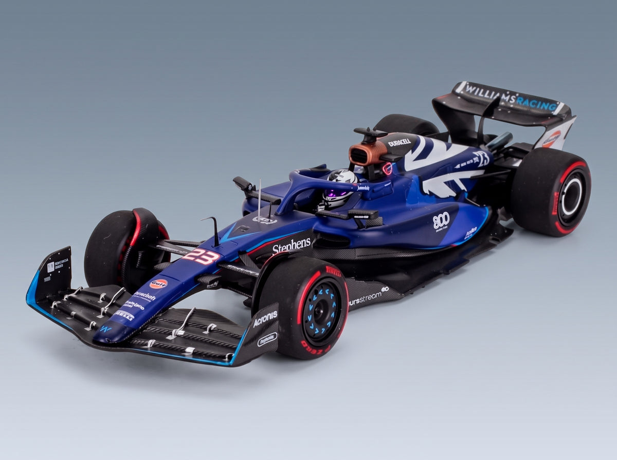 Williams FW45 Team Williams Racing Gulf No. 23 Alex Albon 12th Las Vegas GP 9th Austin GP 11th Singapore GP 8th British GP 2023 Minichamps 1:43 scale model - front three-quarter view
