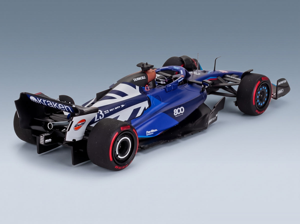Williams FW45 Team Williams Racing Gulf No. 23 Alex Albon 12th Las Vegas GP 9th Austin GP 11th Singapore GP 8th British GP 2023 Minichamps 1:43 - rear three-quarter view
