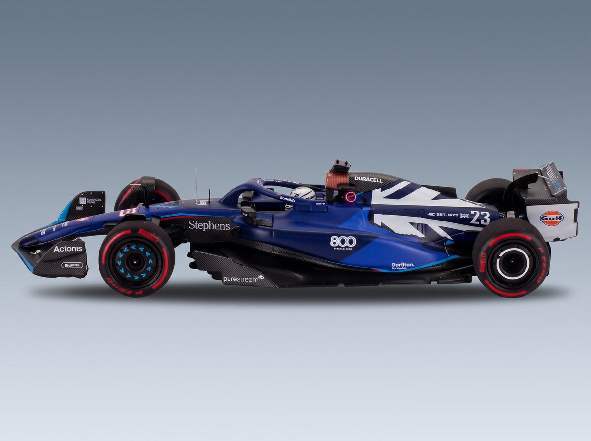 Williams FW45 Team Williams Racing Gulf No. 23 Alex Albon 12th Las Vegas GP 9th Austin GP 11th Singapore GP 8th British GP 2023 Minichamps 1:43 scale model - side view