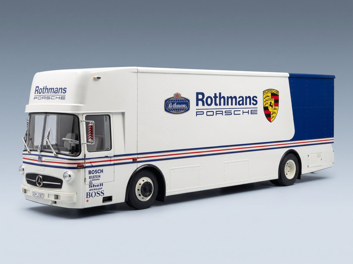 Mercedes-Benz O317 Truck Car Transporter Porsche Rothmans 1984 White Blue Schuco 1:18 scale model - front three-quarter view