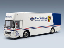 Mercedes-Benz O317 Truck Car Transporter Porsche Rothmans 1984 White Blue Schuco 1:18 scale model - front three-quarter view