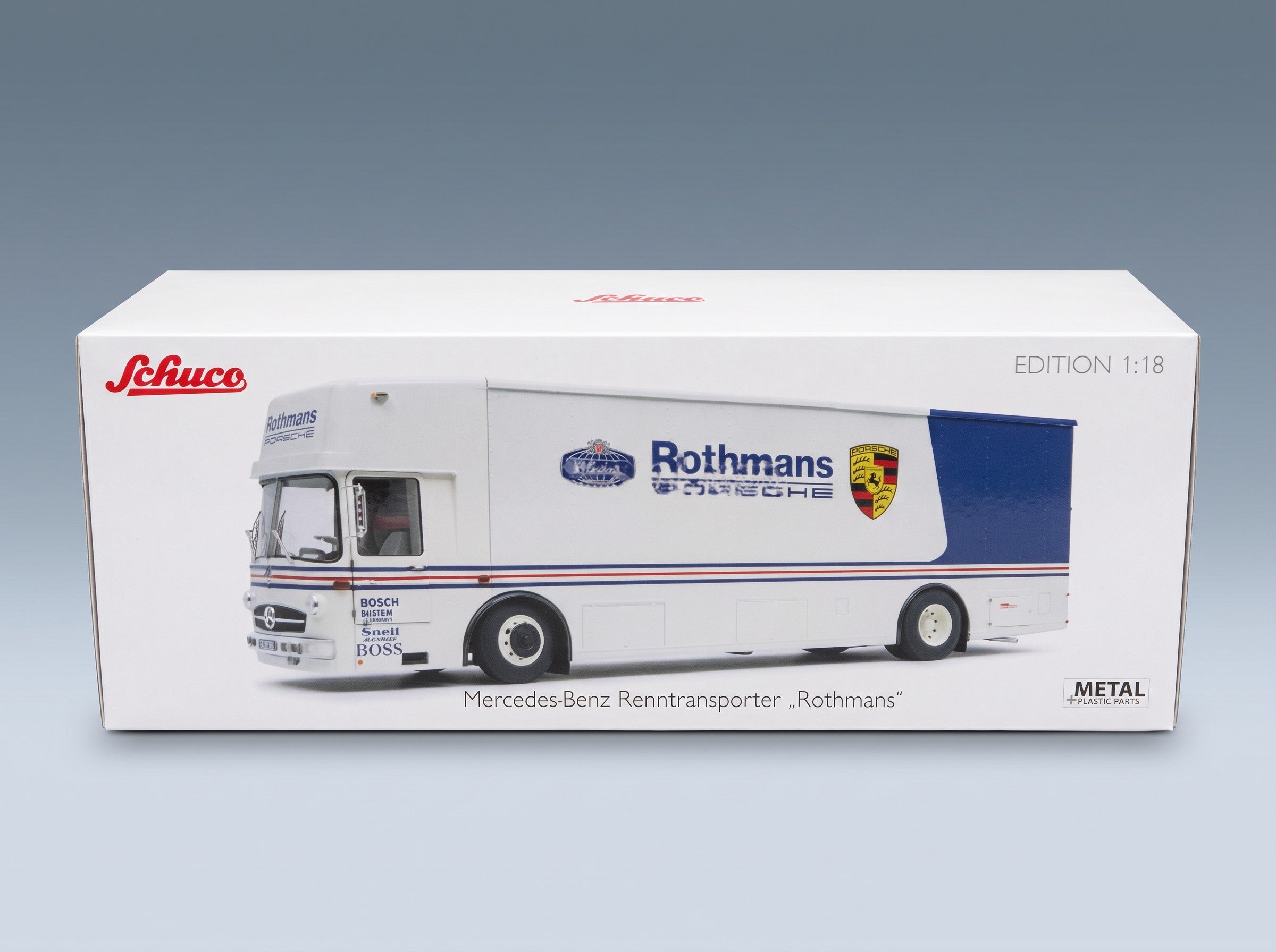 Mercedes-Benz O317 Truck Car Transporter Porsche Rothmans 1984 White Blue Schuco 1:18 scale model - original packaging