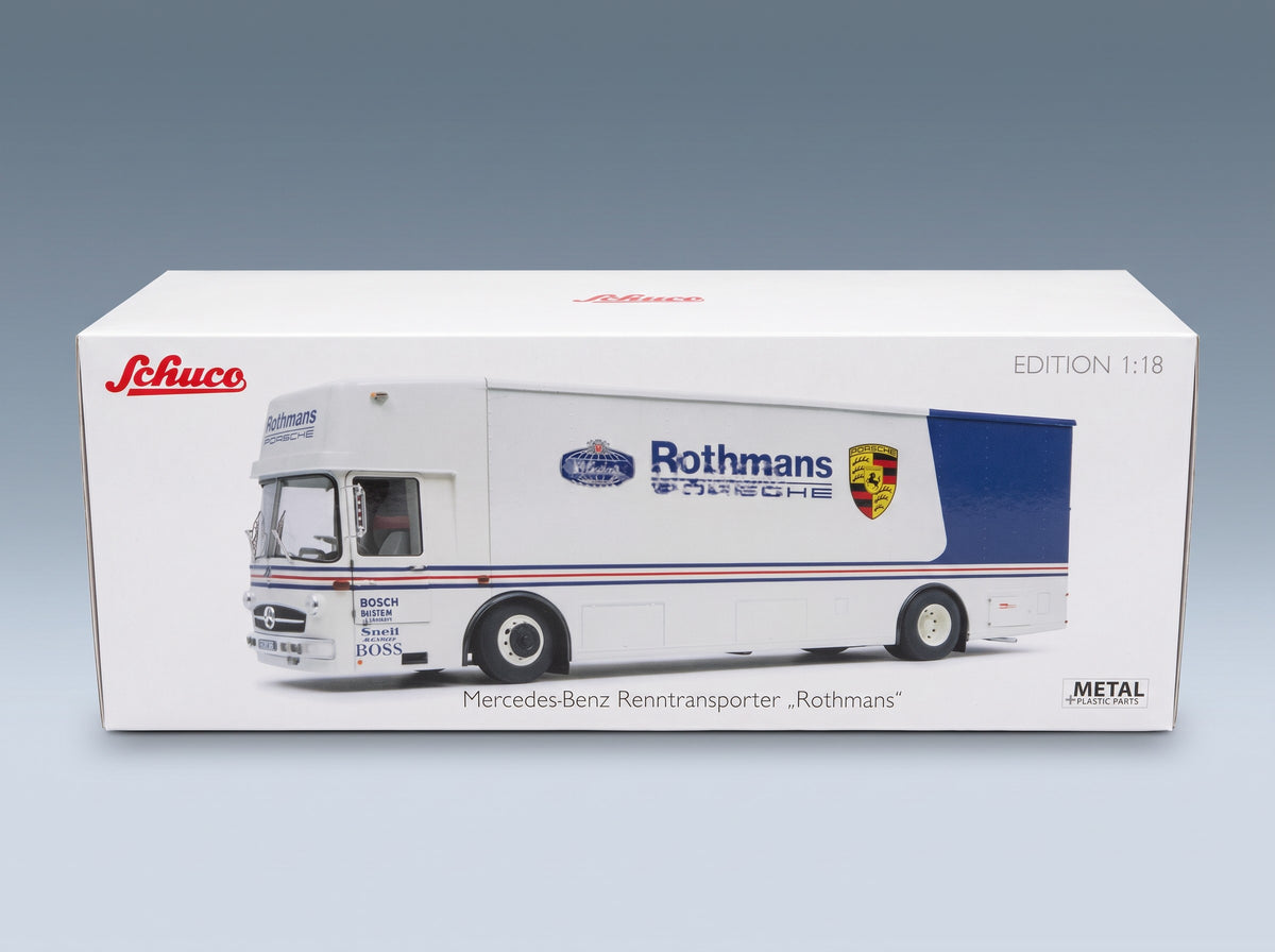 Mercedes-Benz O317 Truck Car Transporter Porsche Rothmans 1984 White Blue Schuco 1:18 scale model - original packaging