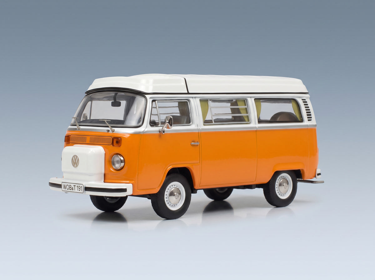 Volkswagen T2b Camper Van 1962 Orange White Schuco 1:43 scale model - front three-quarter view