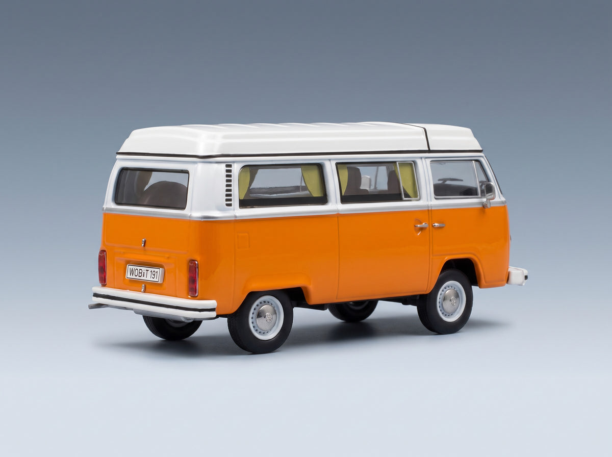Volkswagen T2b Camper Van 1962 Orange White Schuco 1:43 scale model - rear three-quarter view