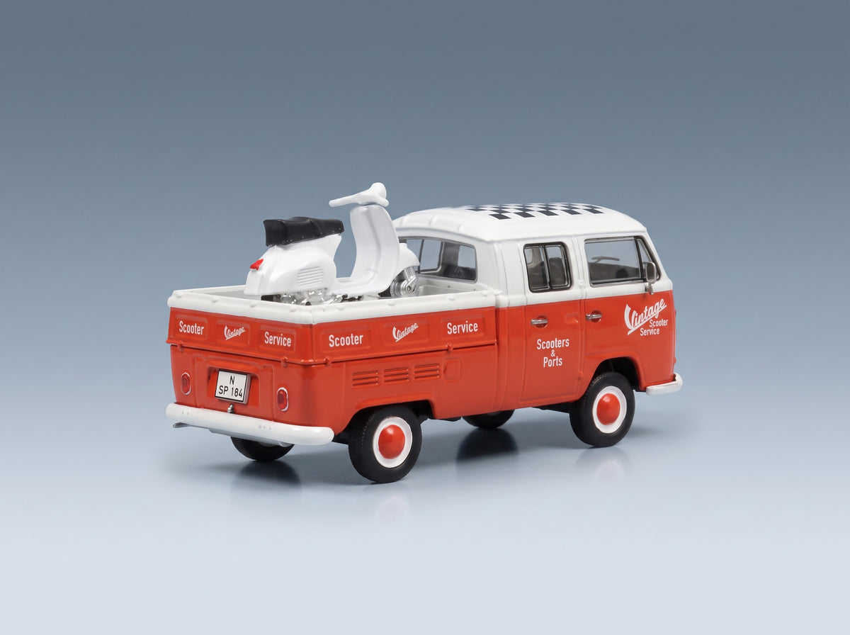 Volkswagen T2 Double Cabine Pick-Up 1962 Red White Schuco 1:43 scale model - rear three-quarter view