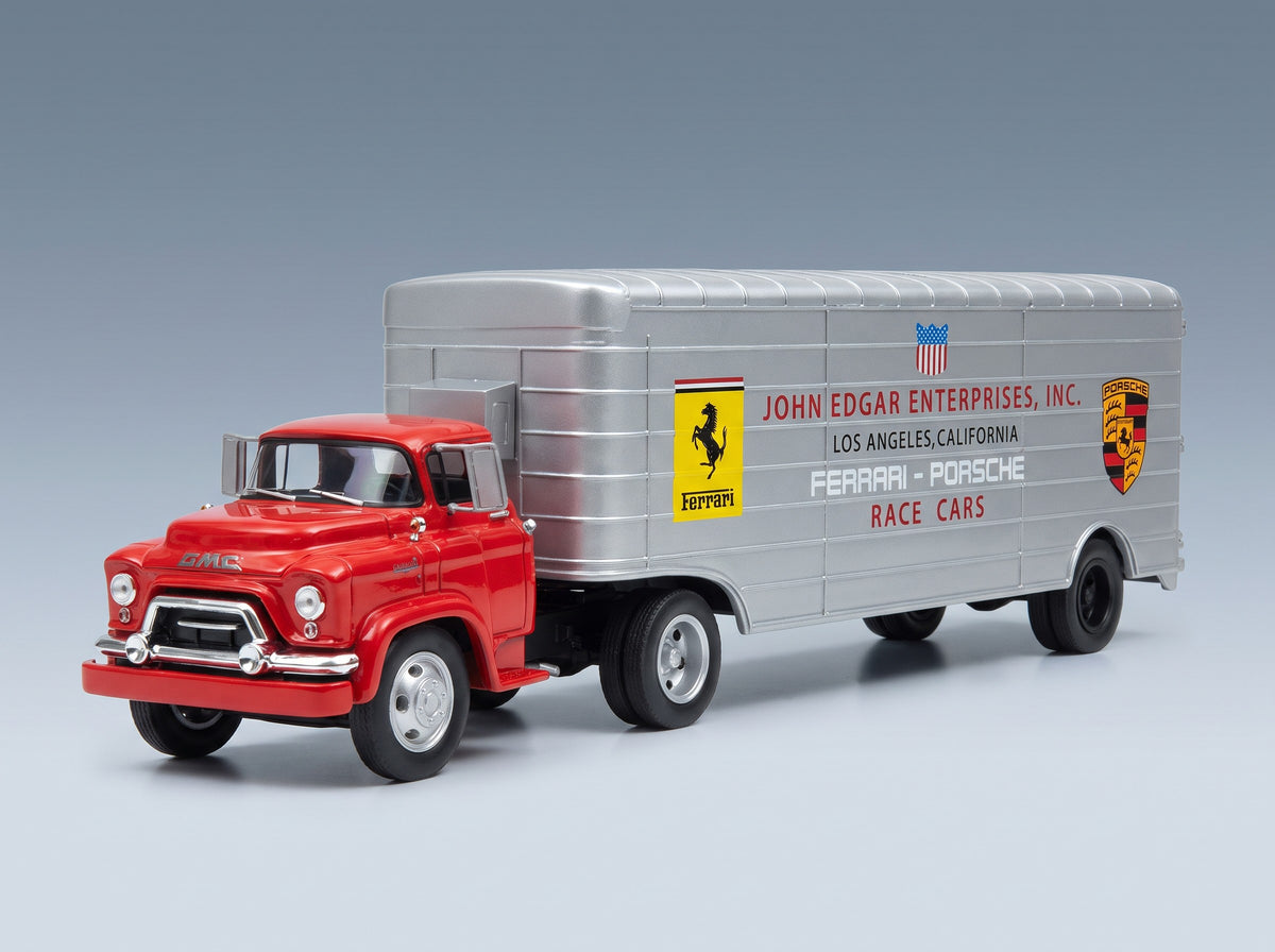 GMC Truck Car Transporter Team John Edgard Enterprises Inc. Los Angeles California Ferrari Porsche Race Cars 1950 Red Silver Schuco 1:43 scale model - front three-quarter view