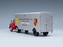 GMC Truck Car Transporter Team John Edgard Enterprises Inc. Los Angeles California Ferrari Porsche Race Cars 1950 Red Silver Schuco 1:43 - rear three-quarter view