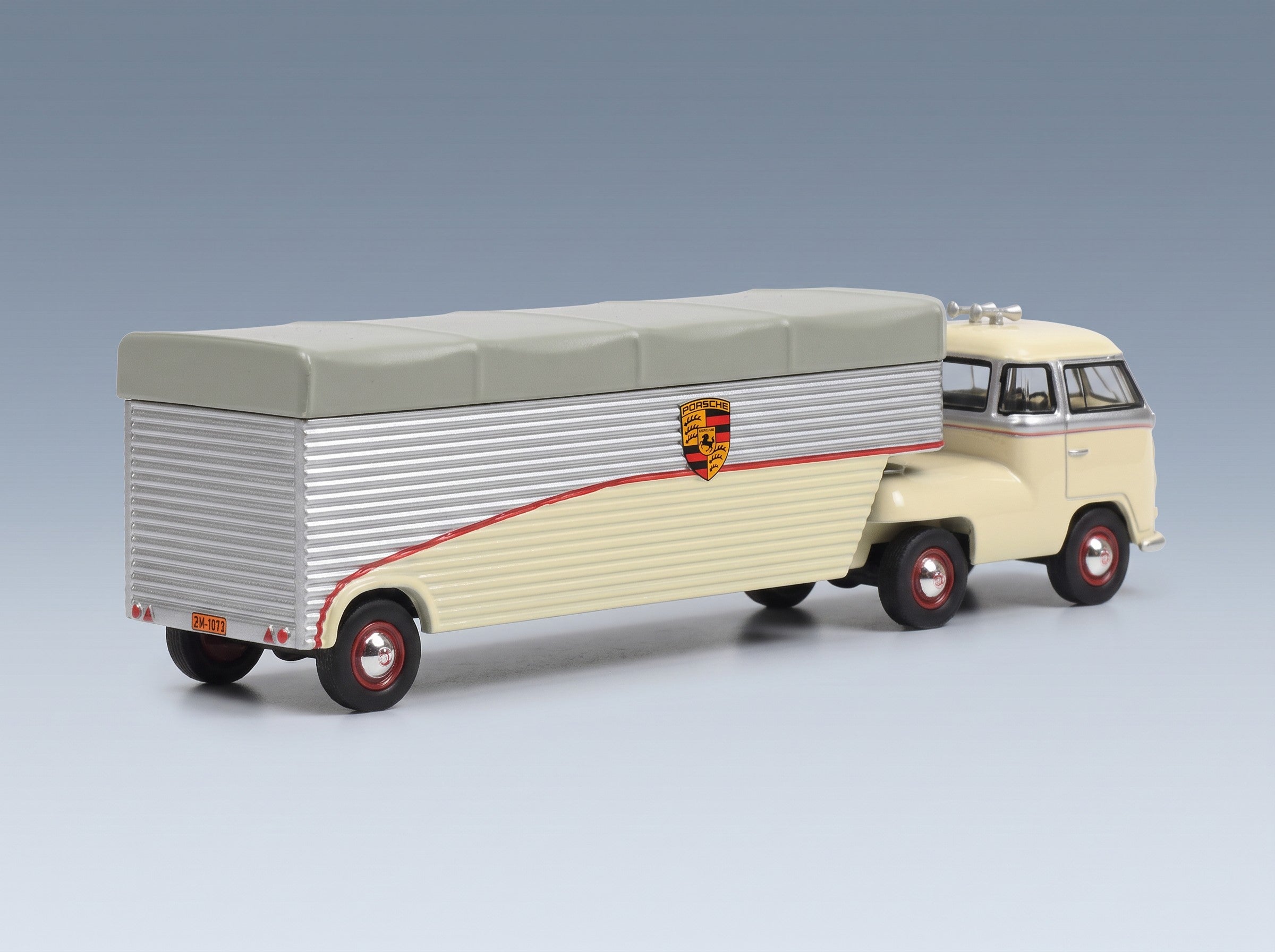 Porsche T1b Continental Motors Car Transporter 1962 Cream Grey Silver Schuco 1:64 scale model - rear three-quarter view
