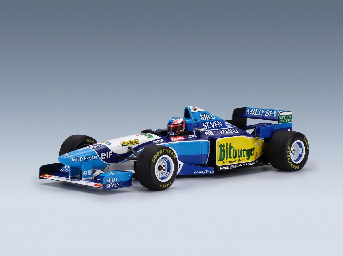 Benetton B195 Mild Seven Renault No. 1 Michael Schumacher Winner Pacific GP World Champion 1995 Minichamps 1:18 scale model - front three-quarter view